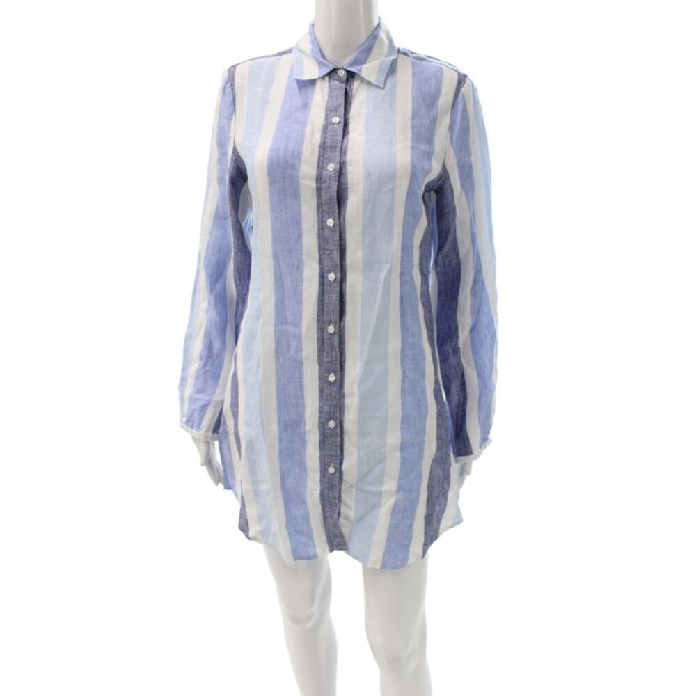 Island Company Women Blue Linen Button-Up Knee-Length Long Sleeve Dress Size S